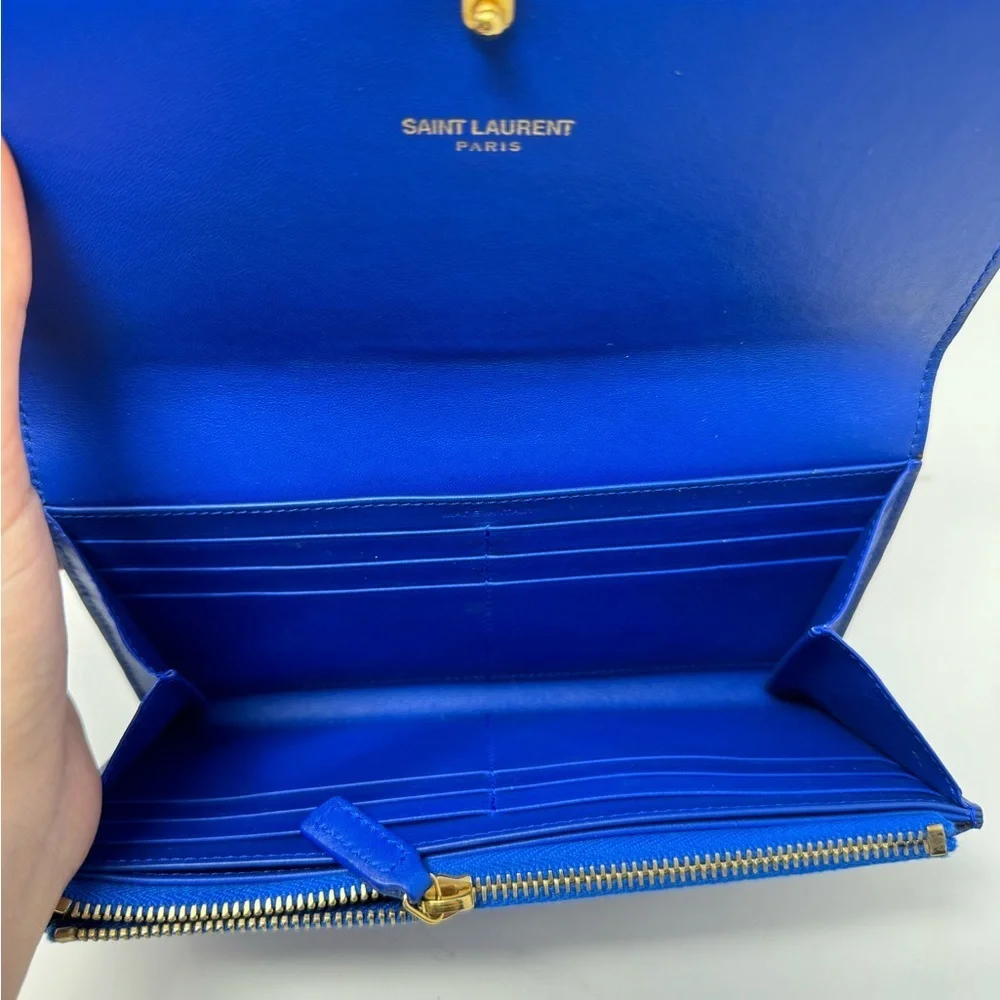 Saint Laurent Y-Chyc Authentic Royal Blue Leather Zip Wallet – Gold “Y” Hardware
